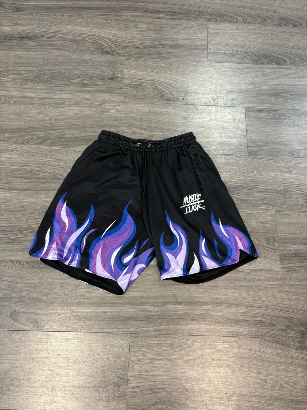 Men's Black Athletic Shorts with Purple Flame Graphic by